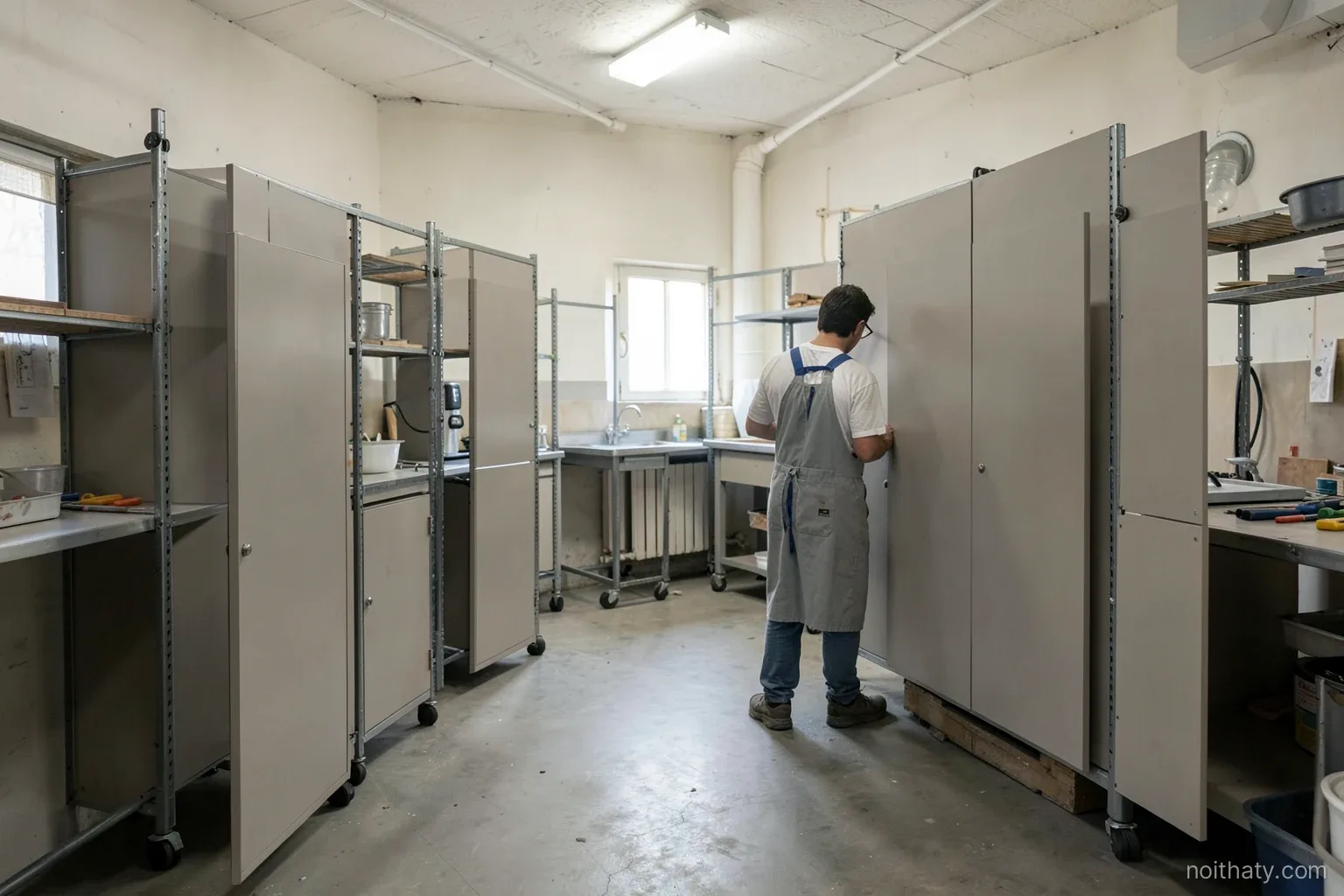 Wide shot of a quiet kitchen factory floor in Italy with matte cabinet doors on rolling racks and a worker seen from behind inspecting a panel, soft overhead daylight
