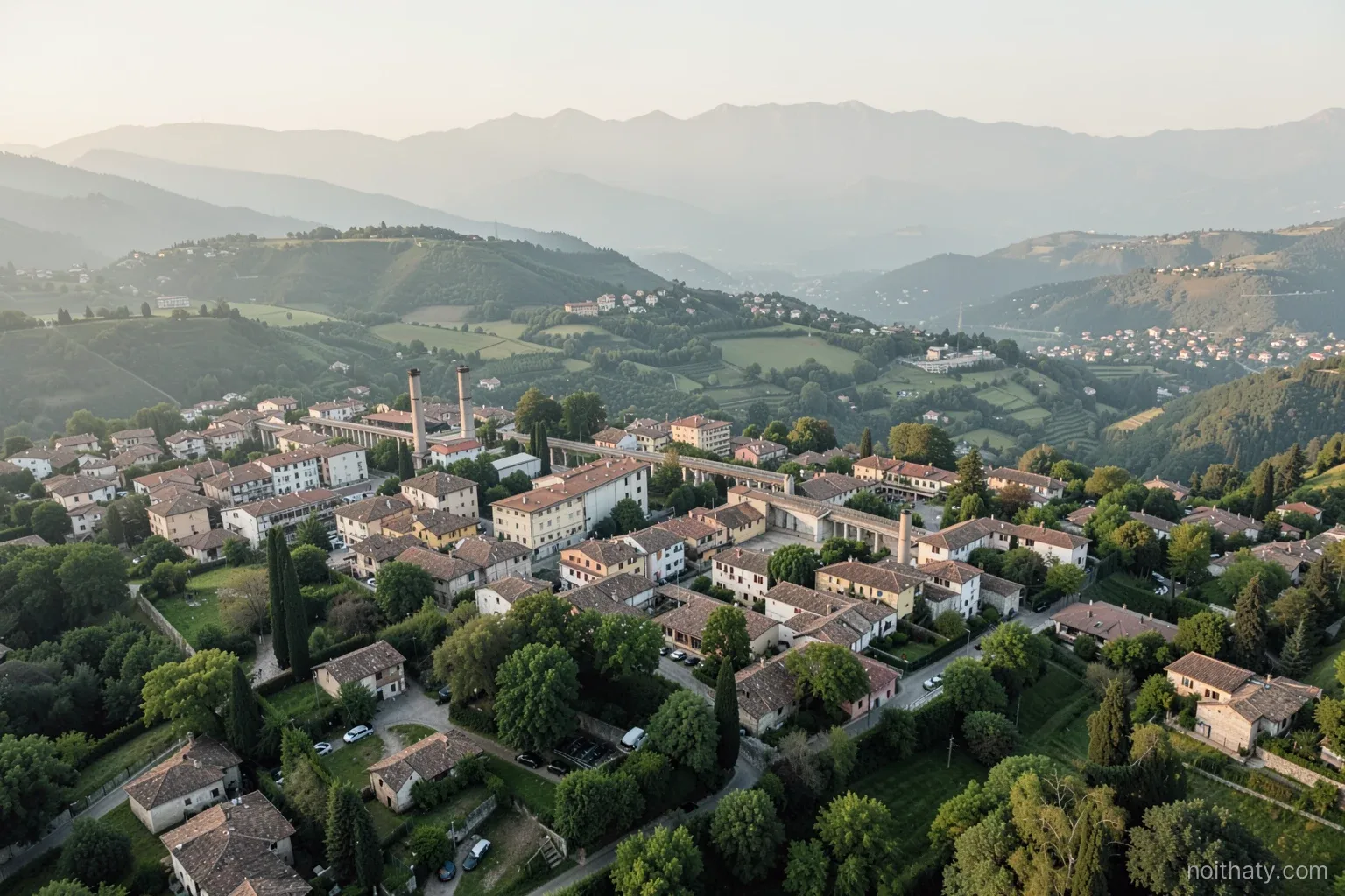 Aerial wide view of small Lombardy towns with low factory roofs among green hills under hazy morning light, soft muted colors, distant mountains on the horizon