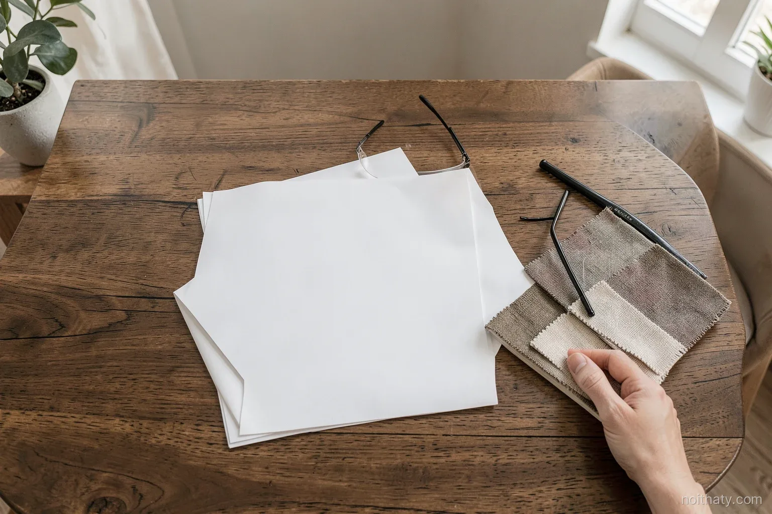Top-down view of a wooden dining table with a folded blank sheet, reading glasses and a fabric swatch book, a hand resting nearby, soft daylight, muted beige and walnut tones