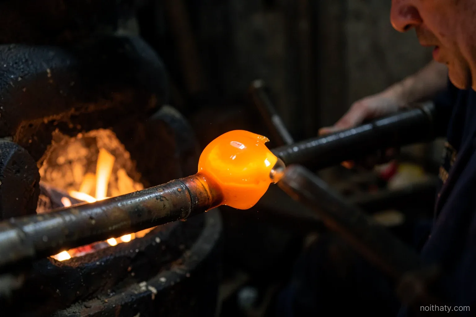 Close-up of a glassmaker turning a glowing orange blob of molten glass on a long metal pipe beside a furnace mouth, dark workshop, warm firelight, face out of frame