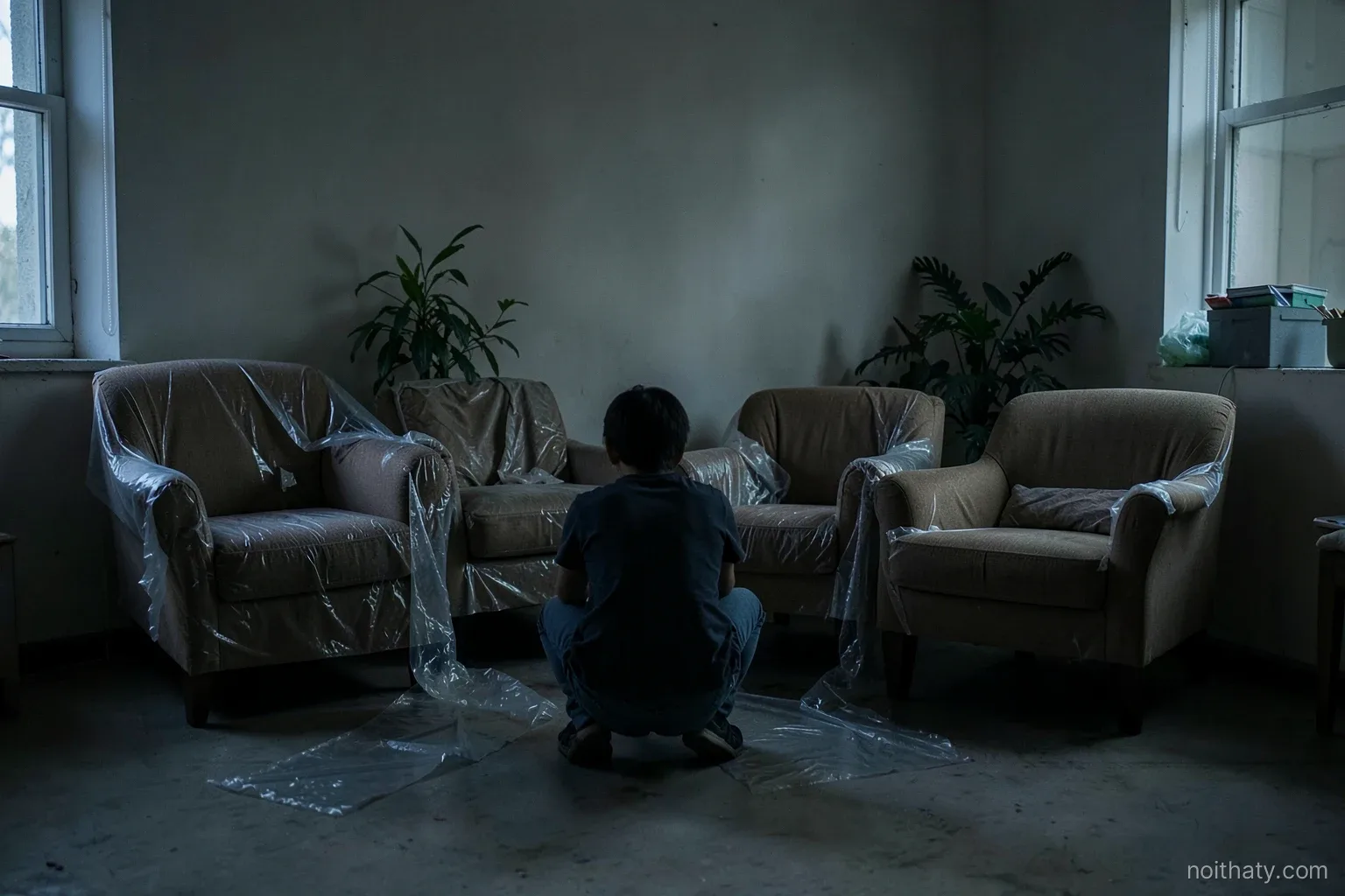 Wide shot of a dim storage room with several unwrapped armchairs in a row, protective film half removed, a person seen from behind crouching to look underneath, cool side light