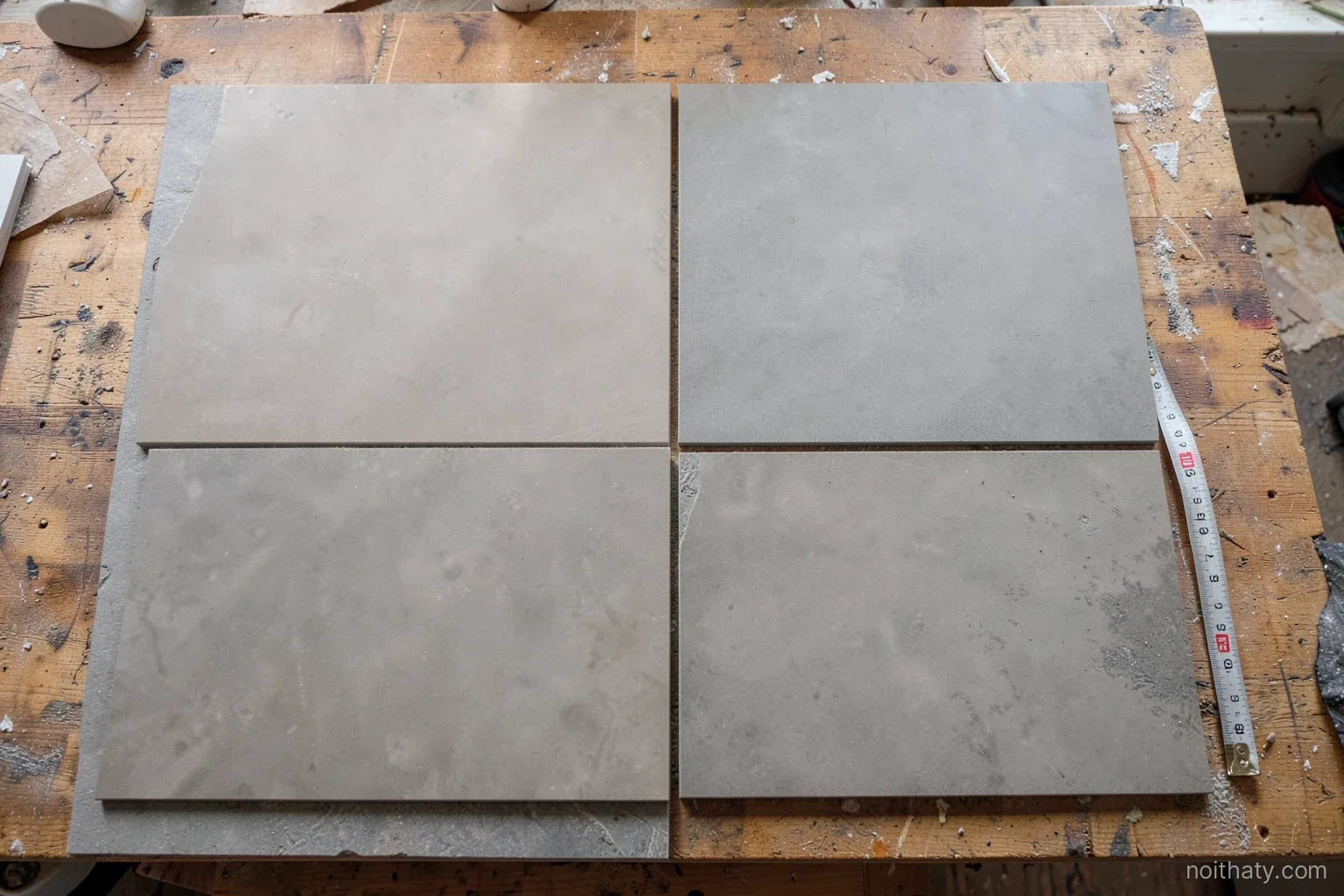 Top-down view of large matte porcelain floor slabs in stone and warm grey tones laid out on a workshop table, a measuring tape beside them, diffuse daylight