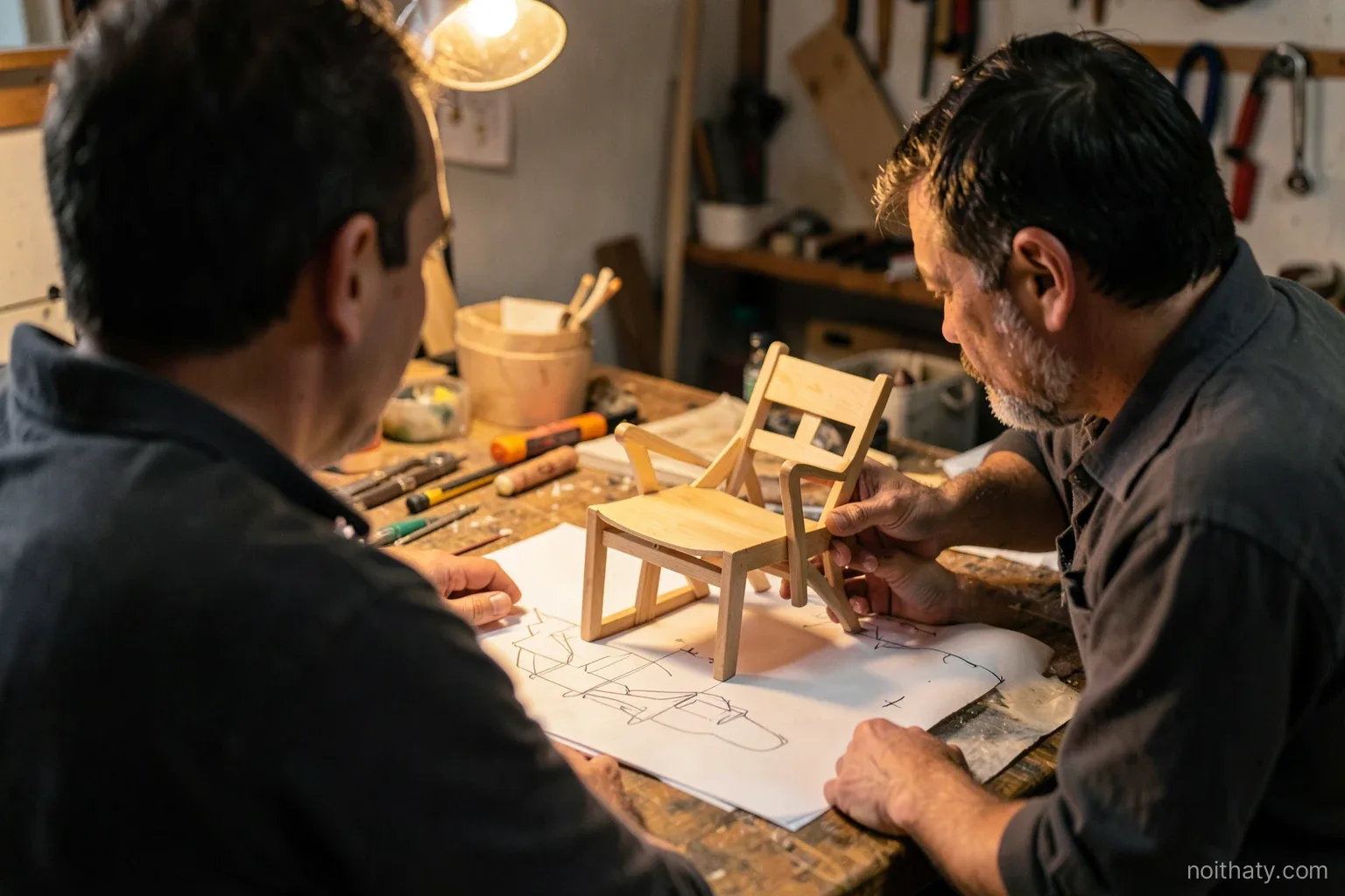 Over-the-shoulder view of a designer and a craftsman examining a wooden chair prototype on a workshop bench, plain paper sketches with simple lines, warm lamp light