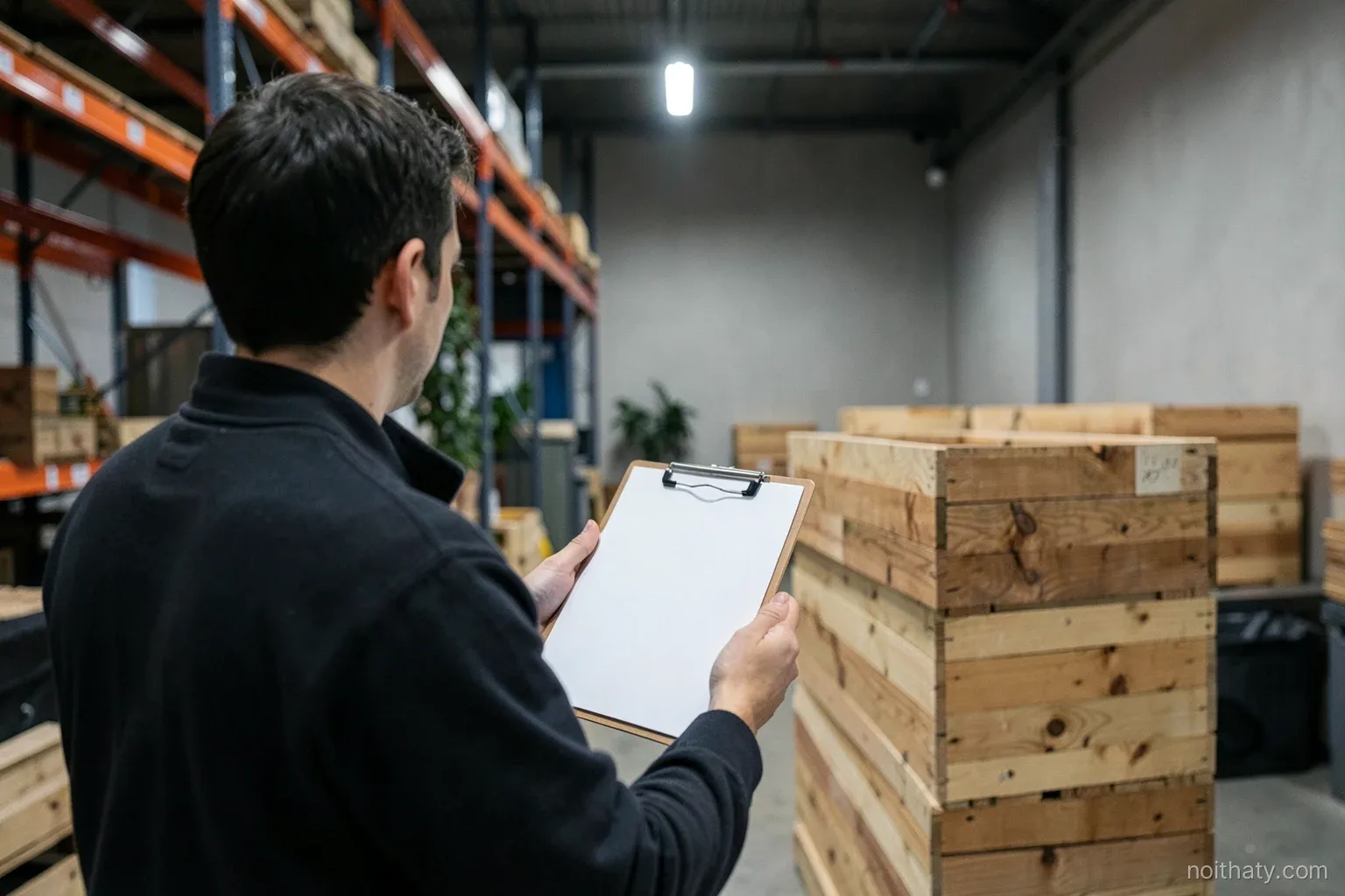 Over-the-shoulder view of a person in a warehouse aisle comparing a blank clipboard with a stack of wooden crates, high shelving, cool overhead light, muted grey and pine tones