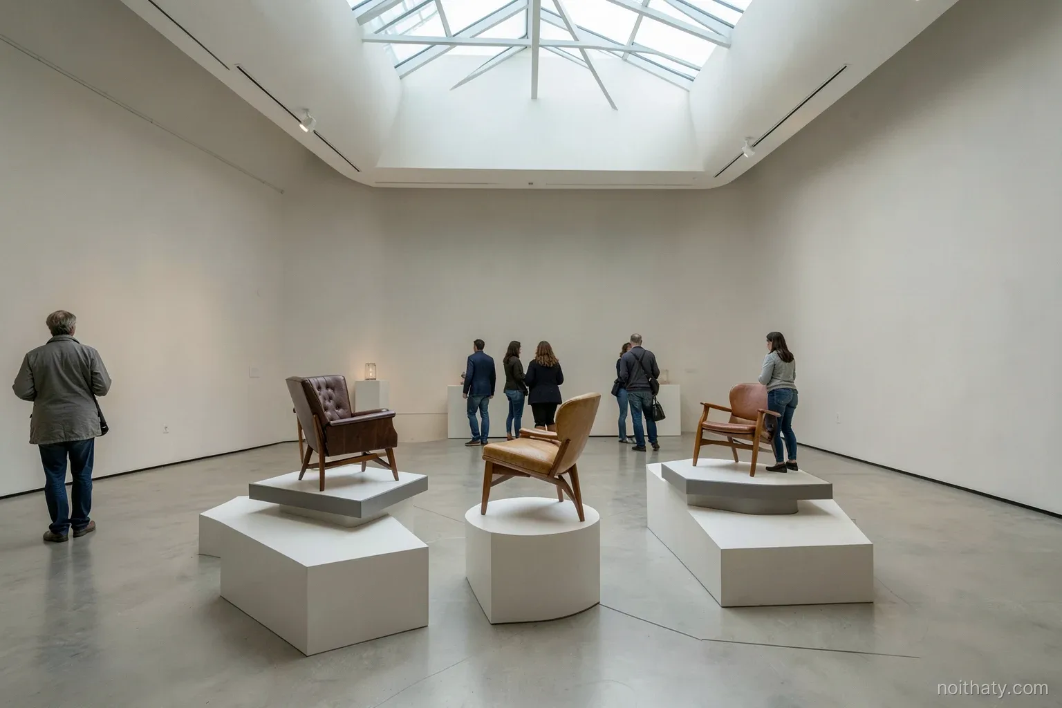 Wide shot of a quiet design museum gallery with a few iconic mid-century chairs on low plinths, visitors seen from behind, soft diffused skylight, calm neutral palette
