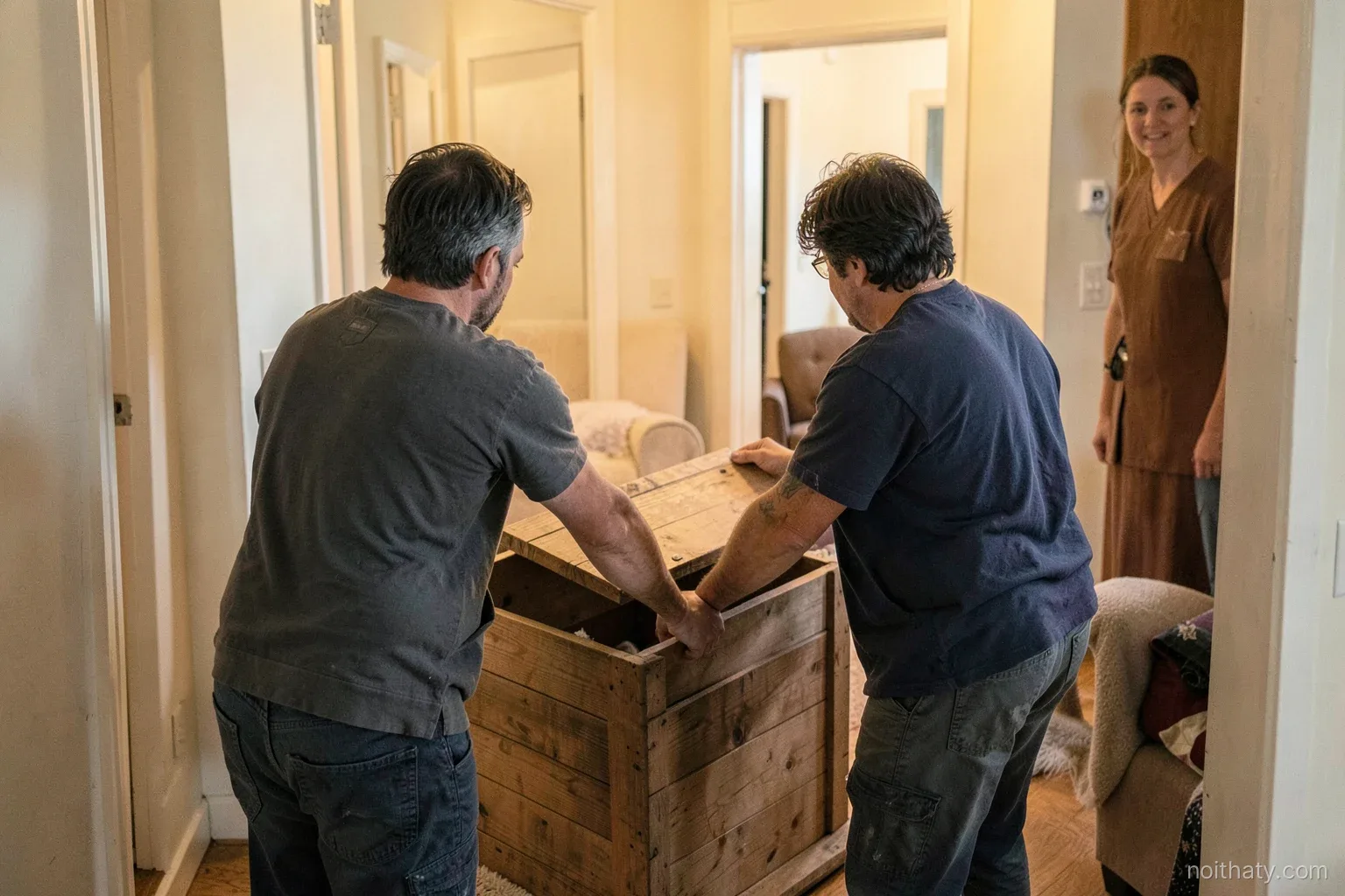 Two workers seen from behind carefully lifting the lid of a wooden crate in an apartment hallway, a wrapped armchair visible inside, a homeowner watching nearby, warm indoor light