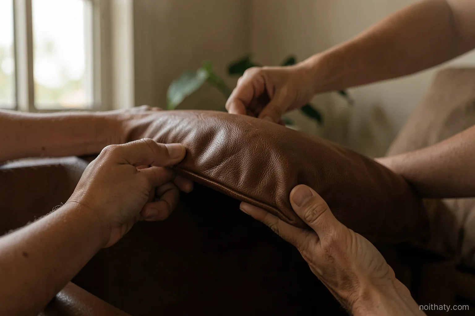Close-up of two hands lifting the corner of a leather armchair cushion to inspect the frame underneath, in a modest Vietnamese apartment, soft window light, warm muted tones