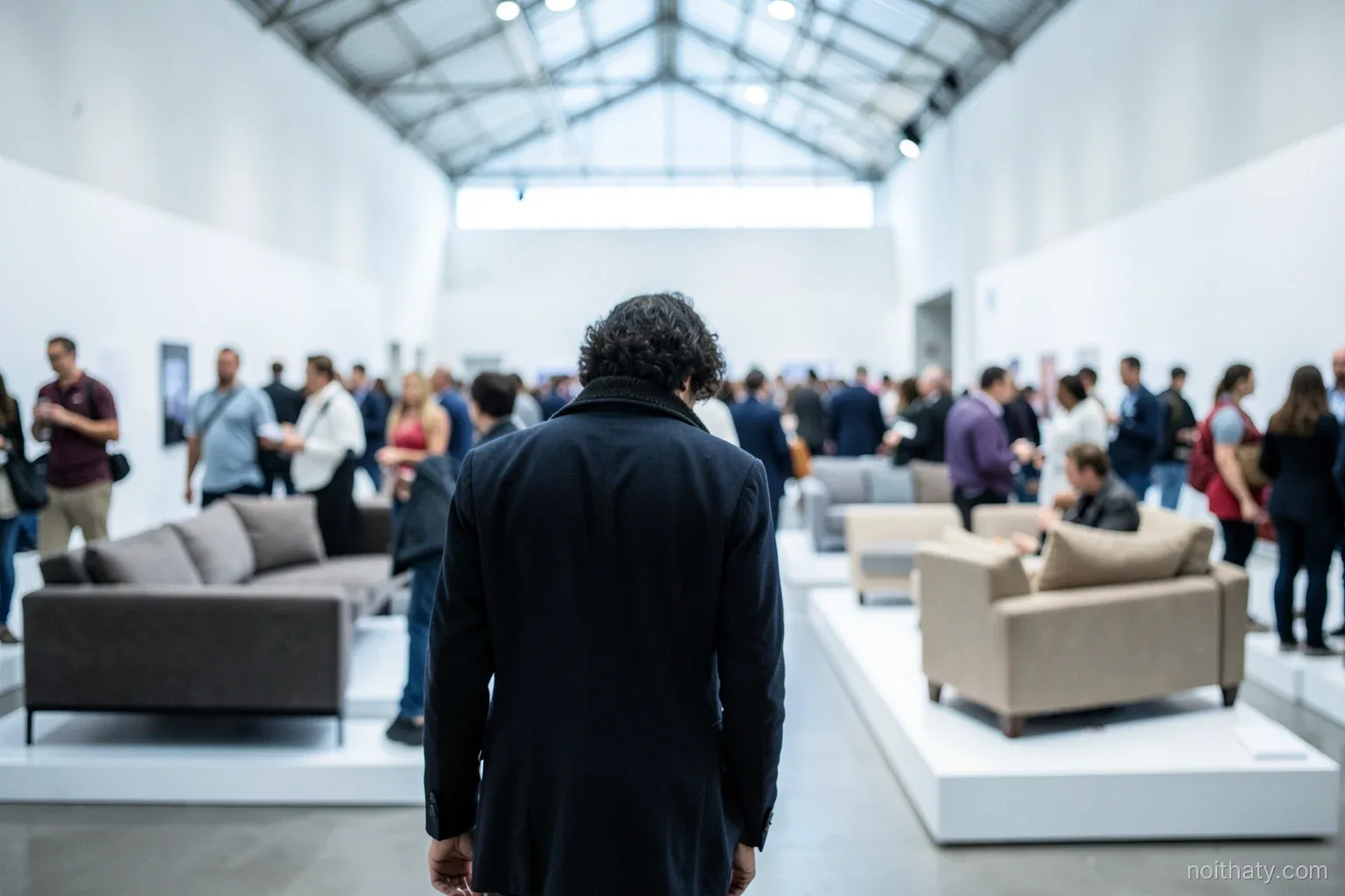 Over-the-shoulder view of a visitor walking through a bright exhibition hall past sofas and armchairs on low white platforms, crowds blurred, high ceiling, cool daylight