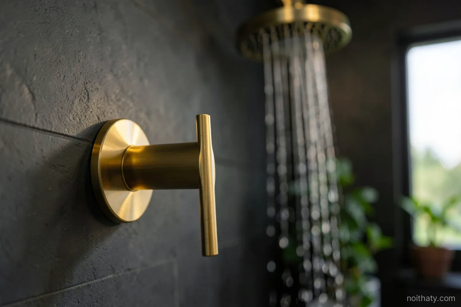 Macro shot of a brushed brass wall-mounted shower mixer lever with water streaming from a slim ceiling rain head in soft focus behind, dark matte tiles, warm side light