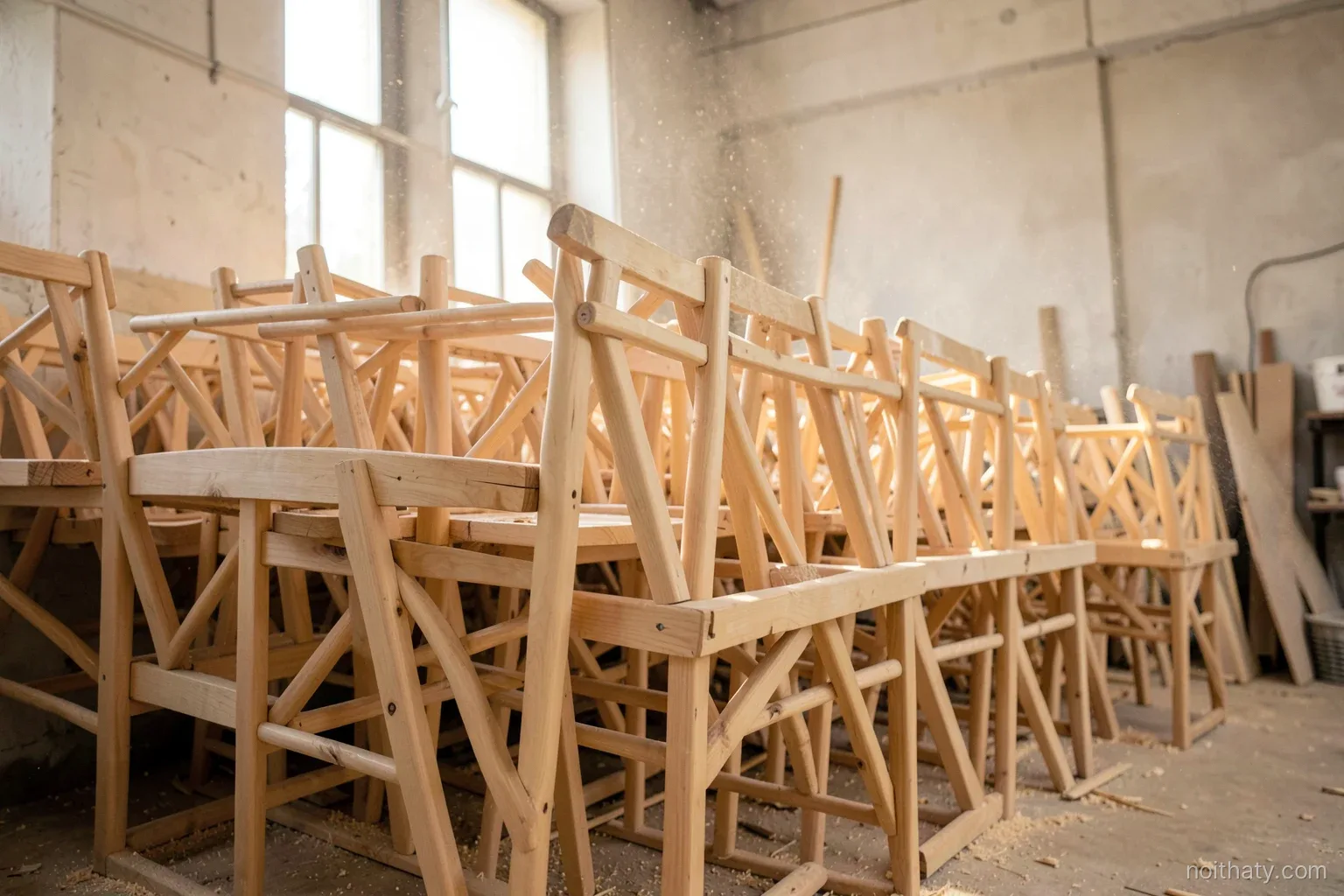 Low angle view of rows of unfinished beech wood chair frames stacked in a small factory, sawdust in the air, side light from tall windows, warm pale wood tones
