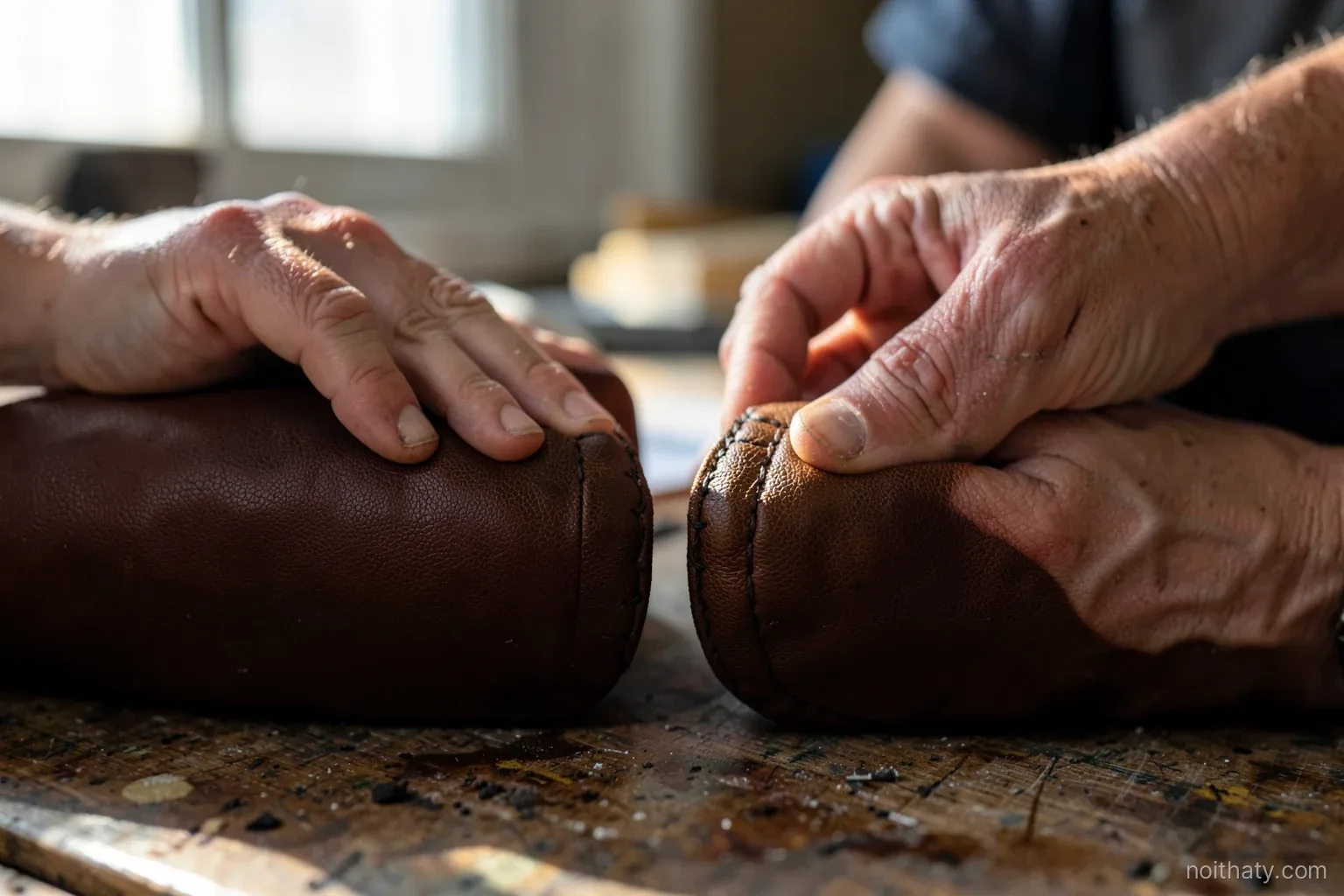Close-up of two hands comparing the stitched seams of two leather armchair cushions side by side on a workbench, raking window light, shallow depth of field
