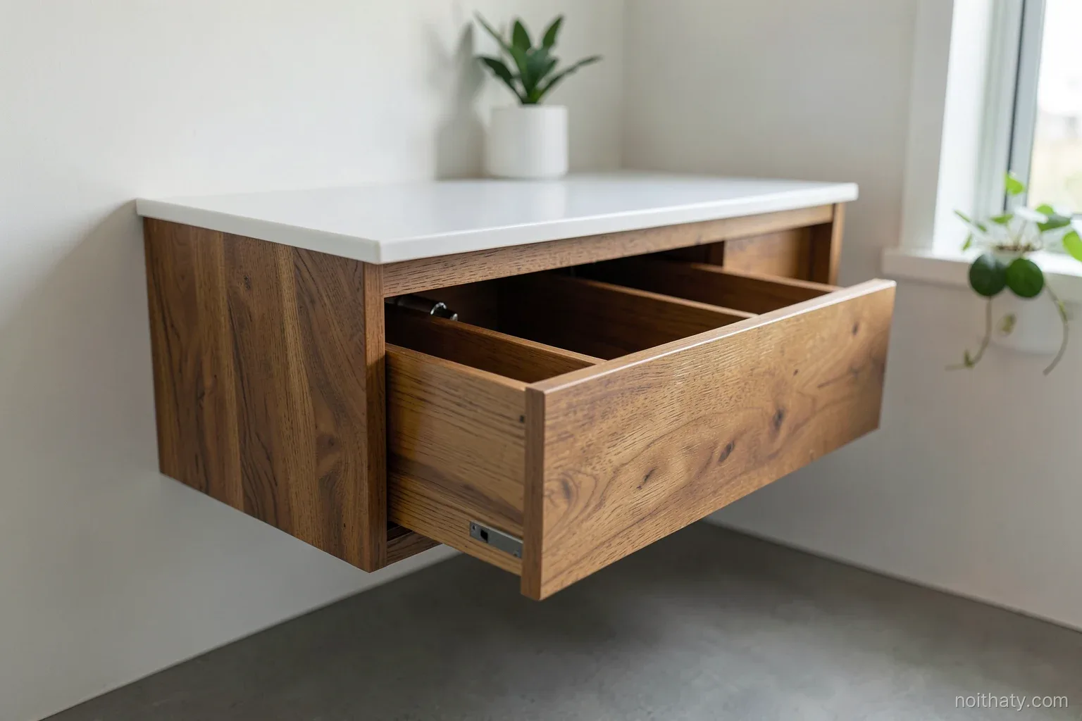 Side view of a floating walnut veneer bathroom vanity with a thin white ceramic top, deep drawer pulled open around a compact siphon, clean floor beneath, soft daylight